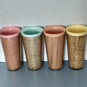 Set Of 4 Vintage Raffiawear Rattan Burlap Thermo-temp Tumblers SEE DESCRIPTION